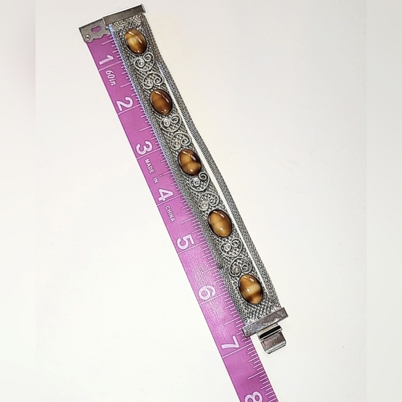 VINTAGE SILVER MESH BRACELET - FAUX TIGER'S EYE SLAG GLASS STONES - Picture 9 of 11